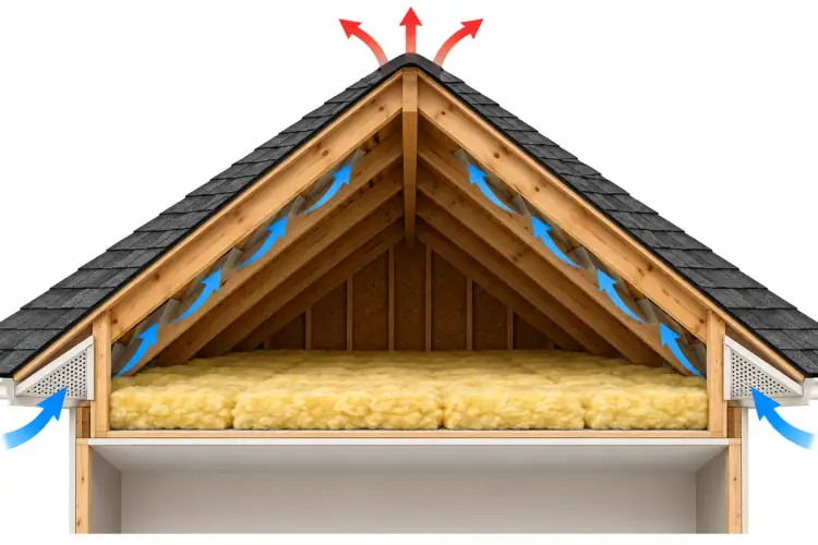 Conceptual attic cutaway showing soffit intake and ridge exhaust airflow Conceptual attic cutaway showing soffit intake and ridge exhaust airflow