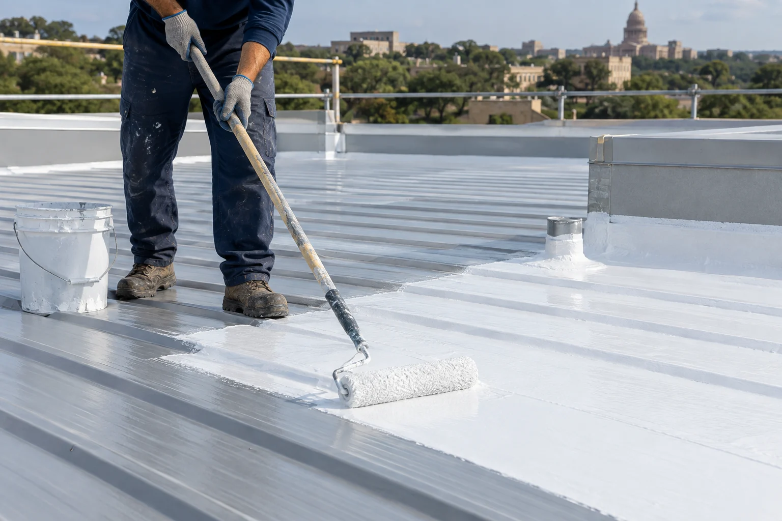 Worker rolling a protective coating onto a prepared metal roof — illustration Worker rolling a protective coating onto a prepared metal roof — illustration