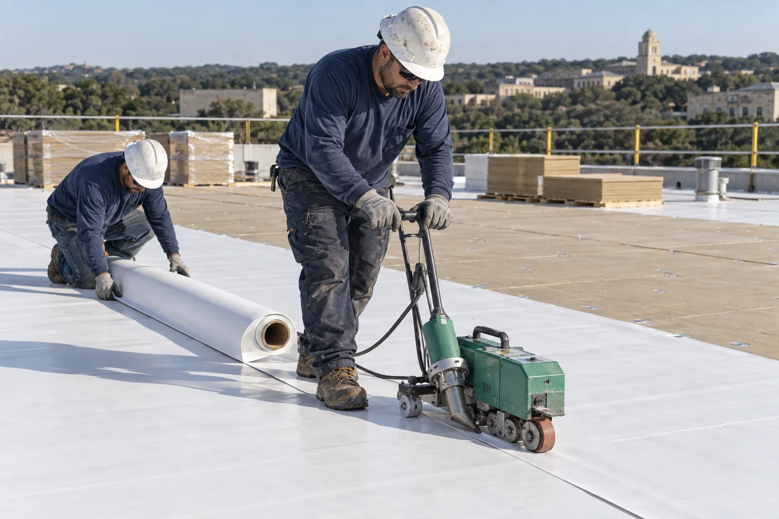 Commercial roofing installers aligning and welding TPO membrane seams — illustration Commercial roofing installers aligning and welding TPO membrane seams — illustration