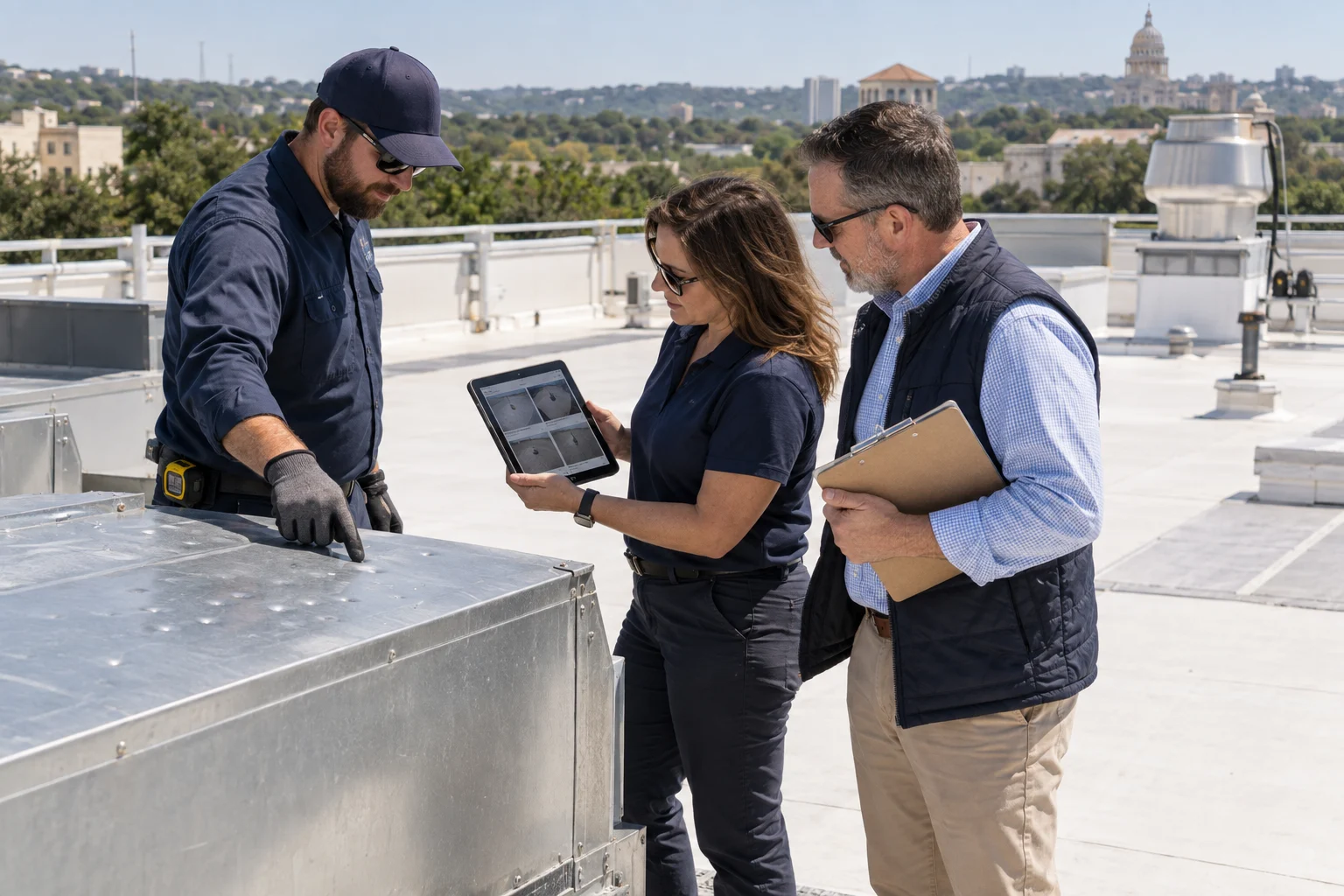 Roofing professionals reviewing inspection findings with a property representative — illustration Roofing professionals reviewing inspection findings with a property representative — illustration