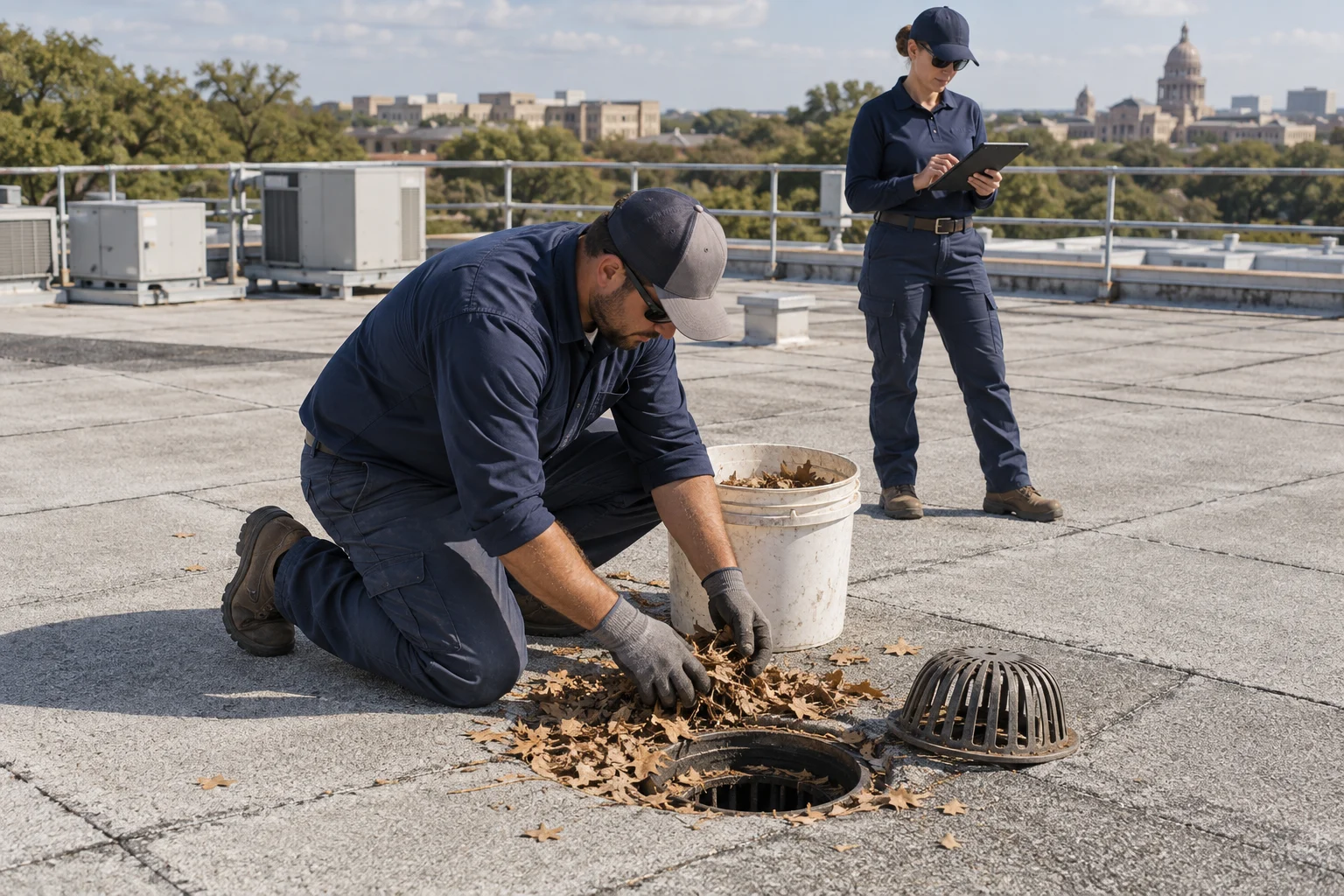 Roofing crew clearing leaves and inspecting a drain on a modified bitumen roof — illustration Roofing crew clearing leaves and inspecting a drain on a modified bitumen roof — illustration
