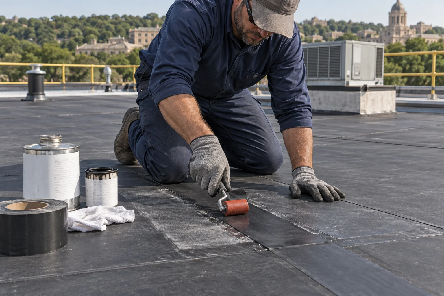 Roofer pressing a compatible seam repair onto an EPDM membrane — illustration Roofer pressing a compatible seam repair onto an EPDM membrane — illustration