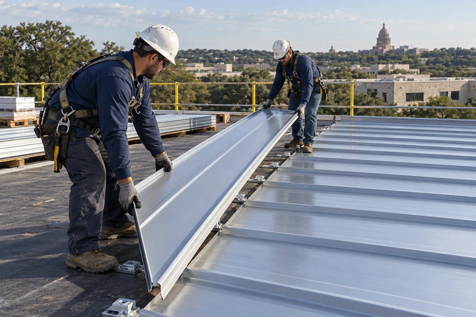 Roofing crew positioning replacement standing-seam metal panels — illustration Roofing crew positioning replacement standing-seam metal panels — illustration
