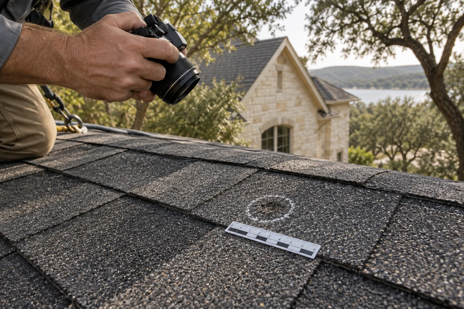 Photographing a marked area of shingle damage beside a measuring scale Photographing a marked area of shingle damage beside a measuring scale