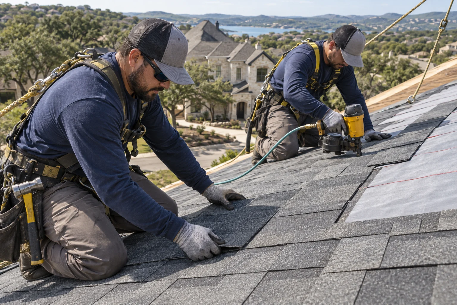 Roofers fastening asphalt shingles on a pitched roof Roofers fastening asphalt shingles on a pitched roof