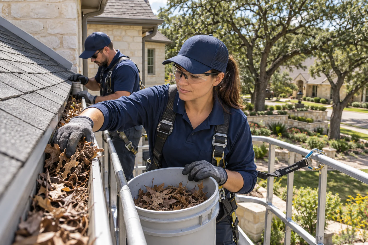 Roof maintenance crew clearing leaves from a gutter Roof maintenance crew clearing leaves from a gutter