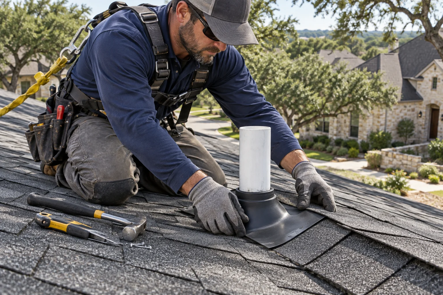 Roofer checking flashing around a roof vent pipe Roofer checking flashing around a roof vent pipe