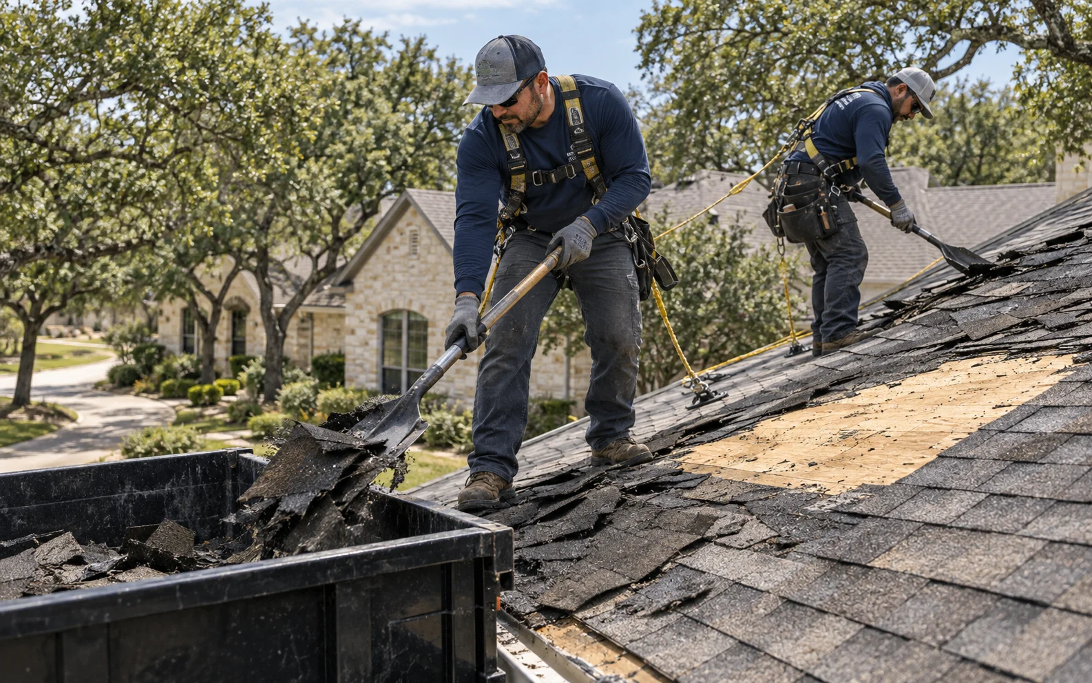 Roofers removing old shingles before a roof replacement Roofers removing old shingles before a roof replacement