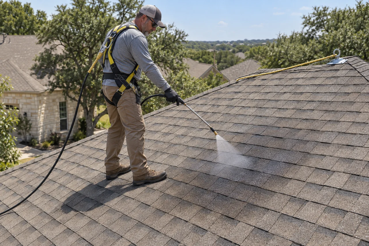 Technician applying a spray treatment across asphalt shingles Technician applying a spray treatment across asphalt shingles