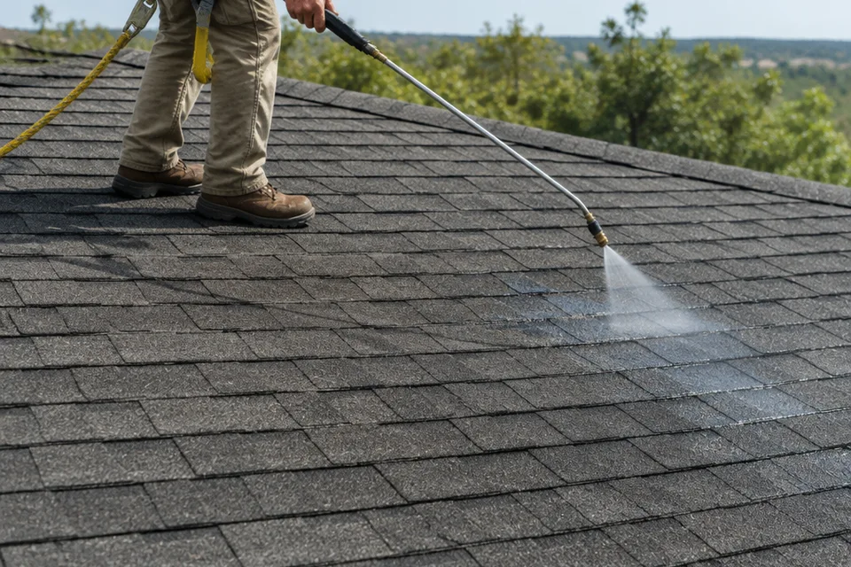 Gentle spray treatment applied to asphalt roof shingles Gentle spray treatment applied to asphalt roof shingles