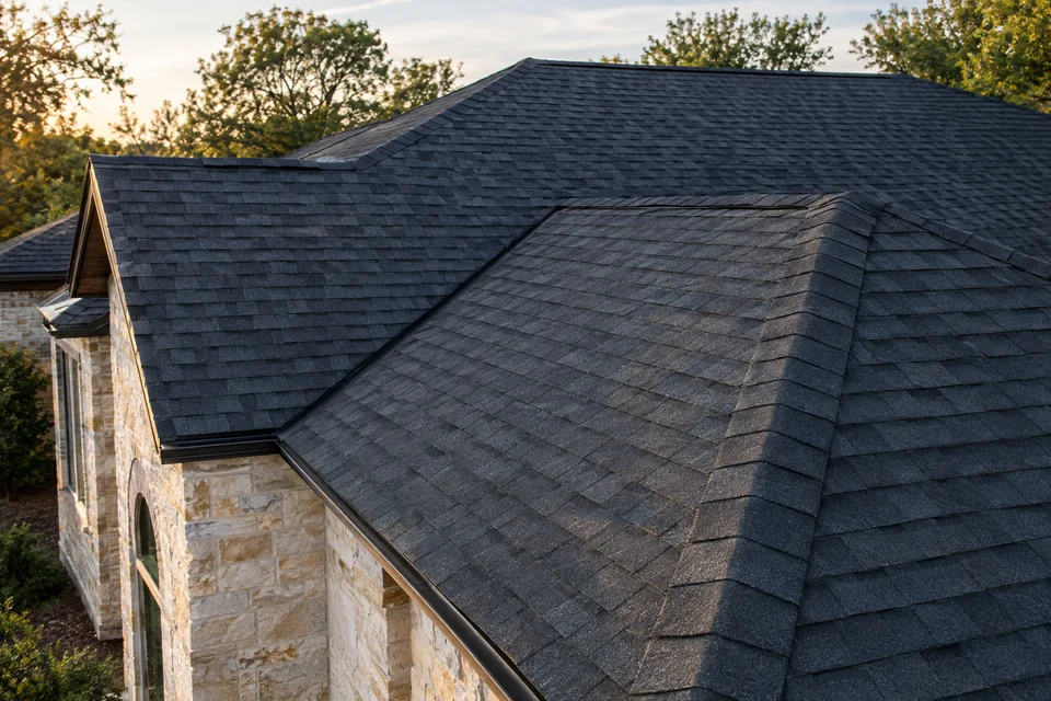 Charcoal architectural shingle roof on a limestone home Charcoal architectural shingle roof on a limestone home