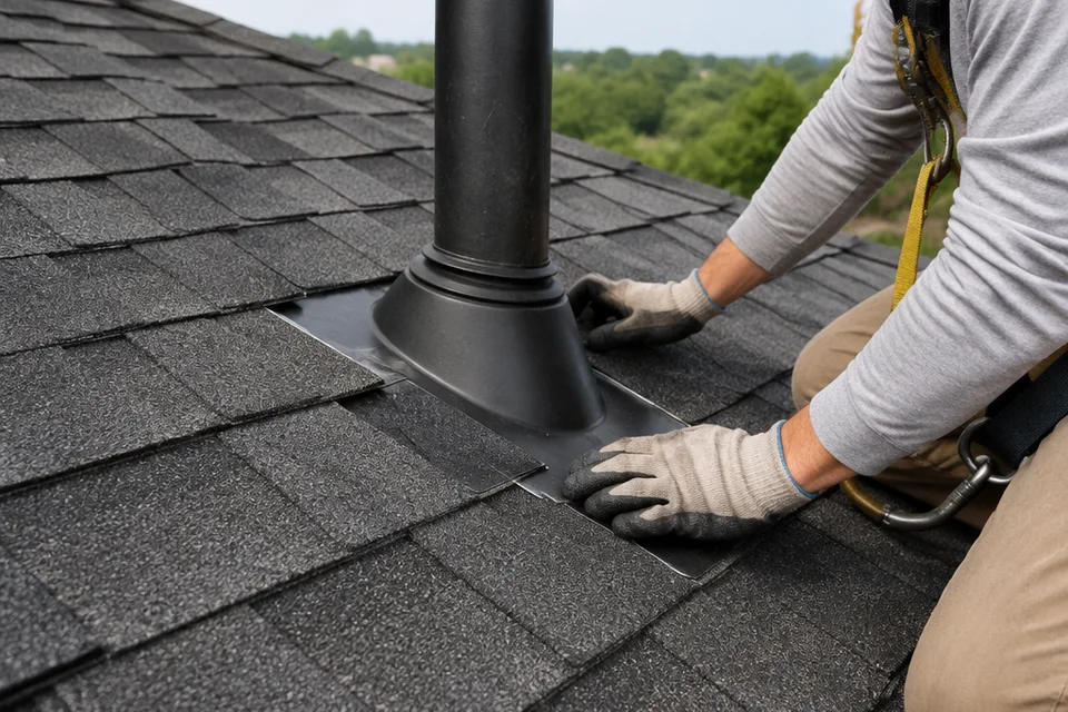 Gloved hands inspecting roof vent flashing Gloved hands inspecting roof vent flashing