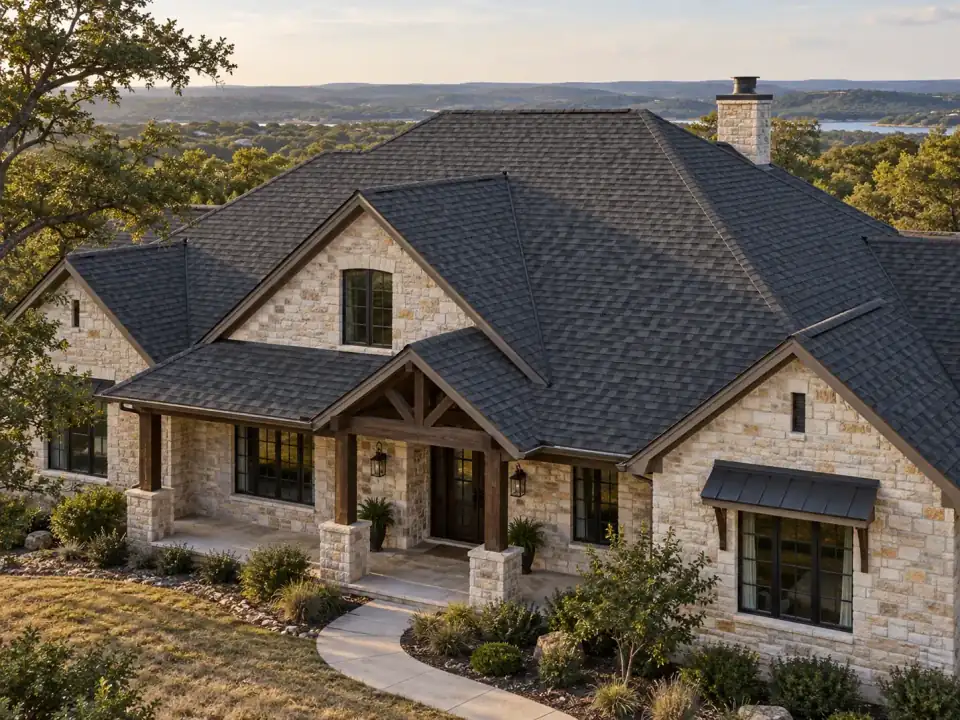 Central Texas limestone home with a charcoal shingle roof Central Texas limestone home with a charcoal shingle roof